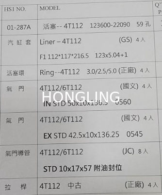 Yanmar 4T112  4TN112 Piston 123600-22090 Valve 42.5 * 10 * 136.25 Cylinder Gasket